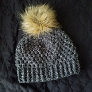Handmade Crochet Womens Beanie w/Faux Fur Pom Pom